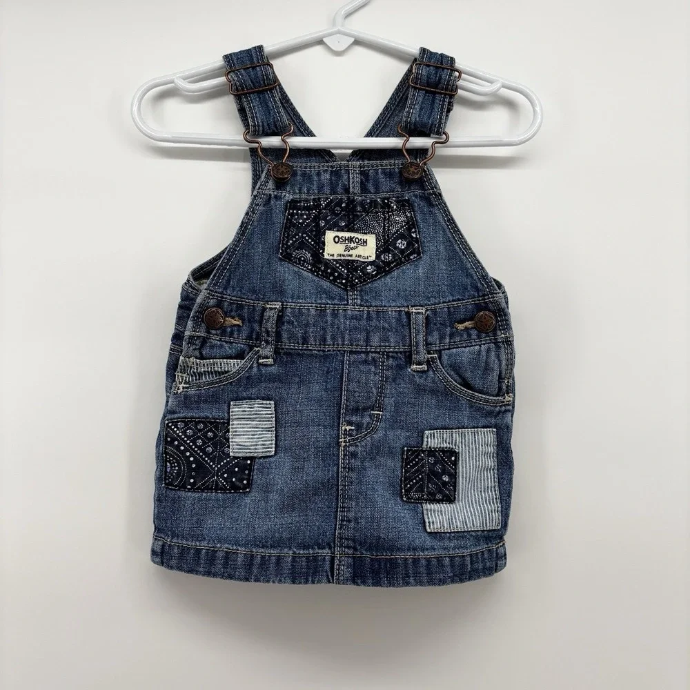 Oshkosh Girls Denim Bib Overall Dress Size 6M Adjustable Patchwork Quilt Soft